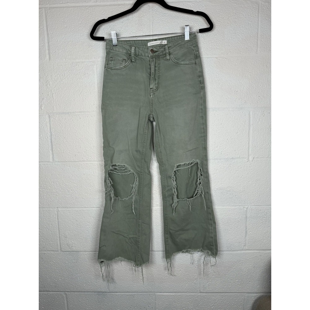 Altar'd State Women's 24 Sage Green Distressed Crop Straight Leg Jeans Raw Hem